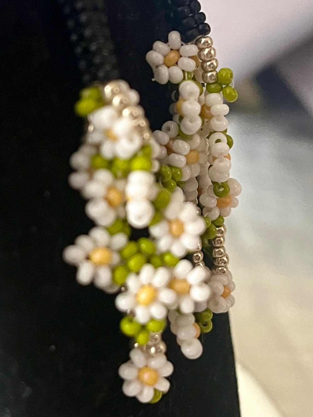 Ivory Beaded Daisy Bouquet Floral Stud Earrings - ball post - Picture 3 of 4